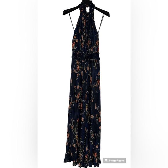 We Are Kindred Adele Jumpsuit Navy pleated chiffon floral print halter neck US 4 - Picture 2 of 14